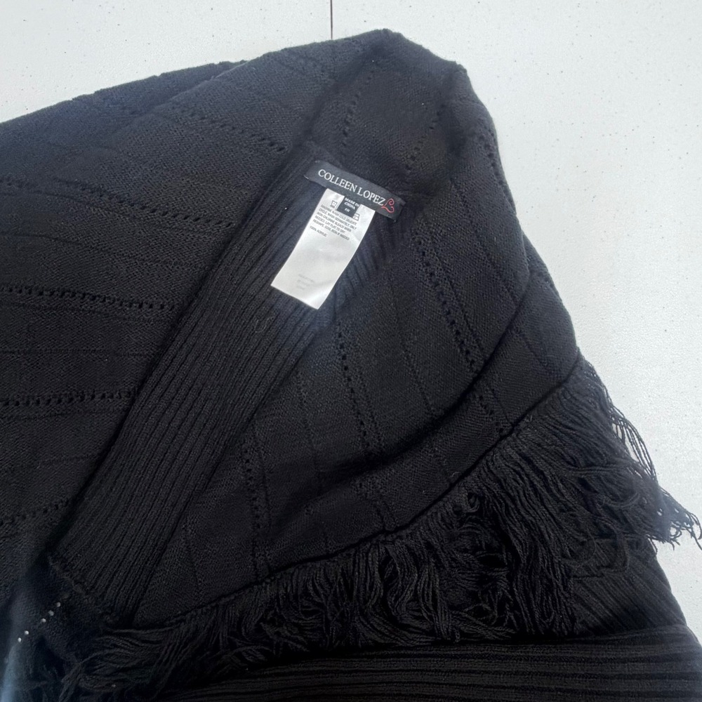 Colleen Lopez Womens Black Knit Fringe Shawl Collar Open Front Cardigan 2X